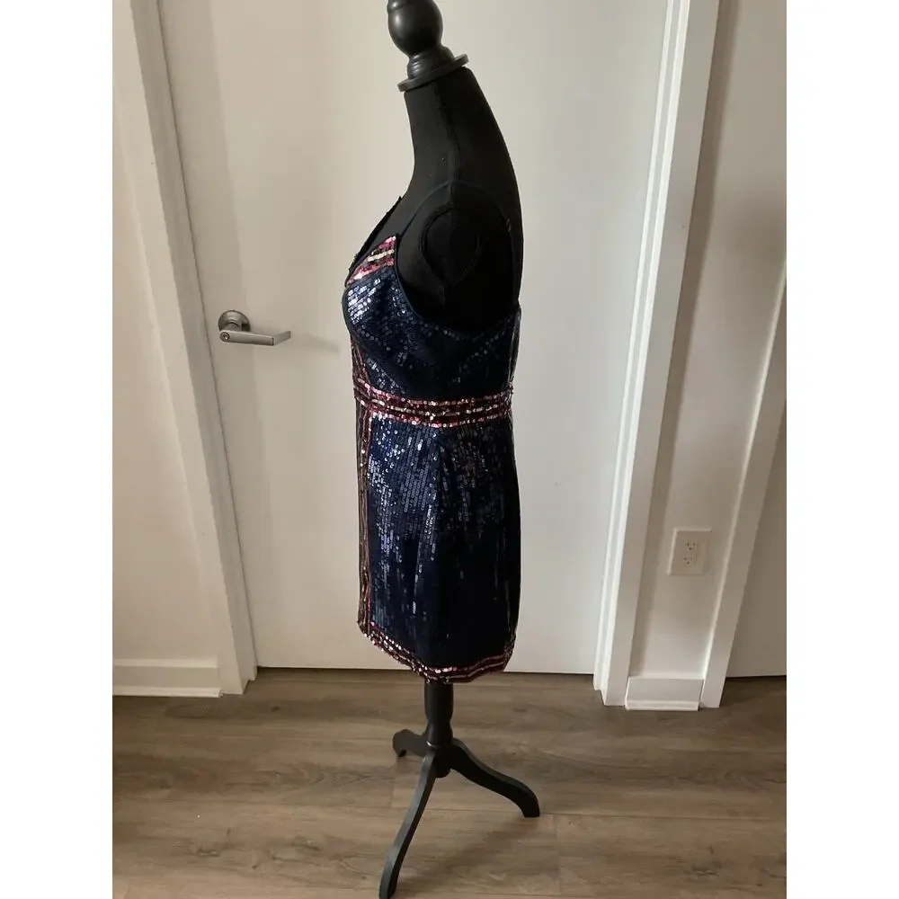 BCBGMAXAZRIA Sequin Stripe Wrap Mini Dress NWT Dark Navy Blue Cocktail size 6